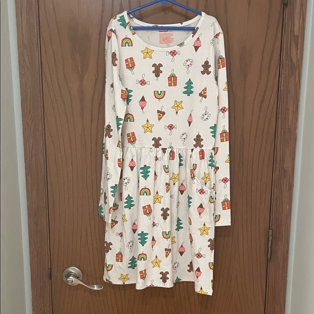 Cat & Jack NWOT Girls Size 14 XL Cream Holiday Dress with Festive Print